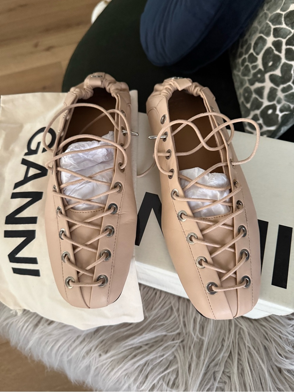 Ganni Nude Pink Leather Lace-Up Flats